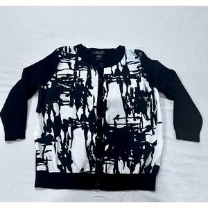 C'est City August Silk Abstract Black & White Cardigan Silk Blend 3/4 Sleeve Med